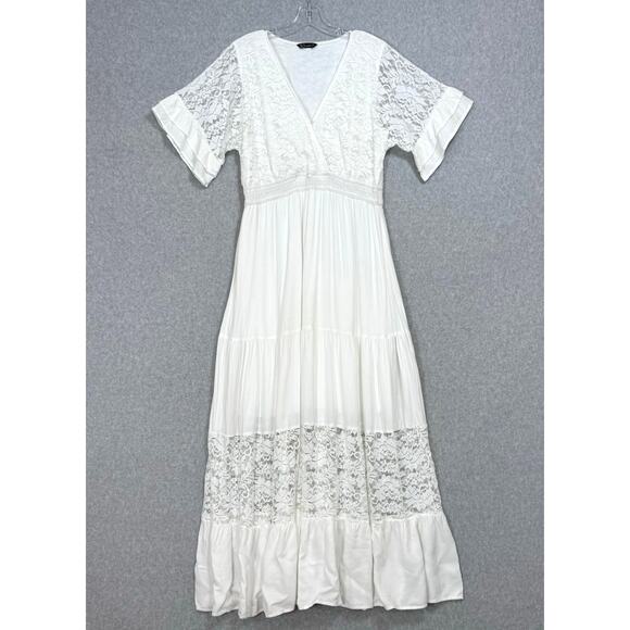Simplee Lace Maxi Dress Size L SS V Neck Lined Destination Beach Wedding Bridal - Picture 1 of 16